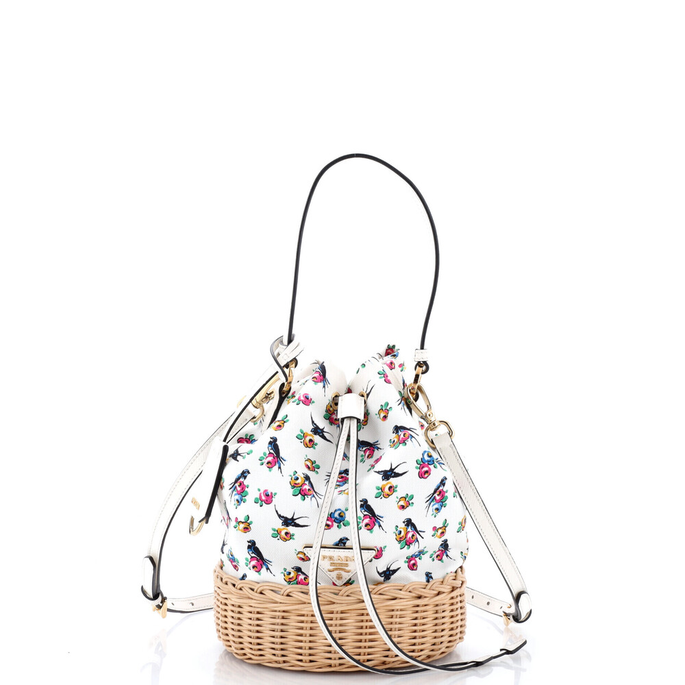 Prada Small Drawstring Bucket Bag Printed Canvas and Wicker